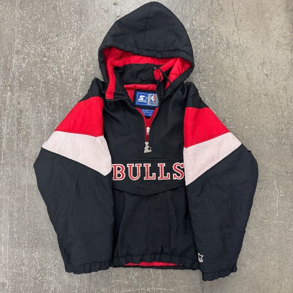 STARTER Other - Starter Chicago Bulls Jacket Mens S Black Excellent 90s NBA Puffer Anorak Hooded